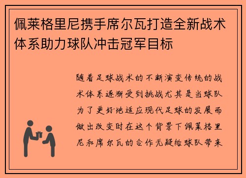 佩莱格里尼携手席尔瓦打造全新战术体系助力球队冲击冠军目标